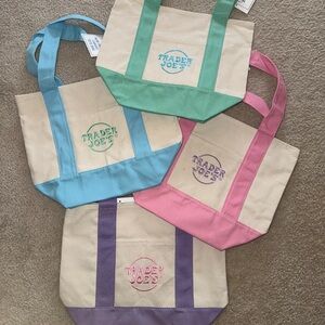 (4) Mini Pastel Trader Joes Canvas Tote Bag Set - Blue, Green, Pink, Purple